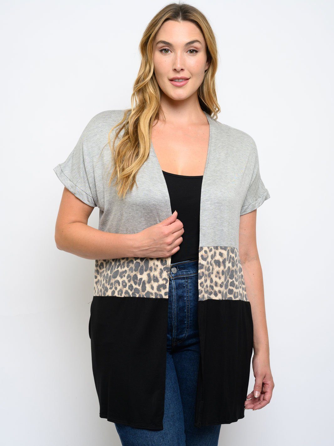PLUS SIZE COLOR BLOCK ANIMAL PRINT CARDIGAN