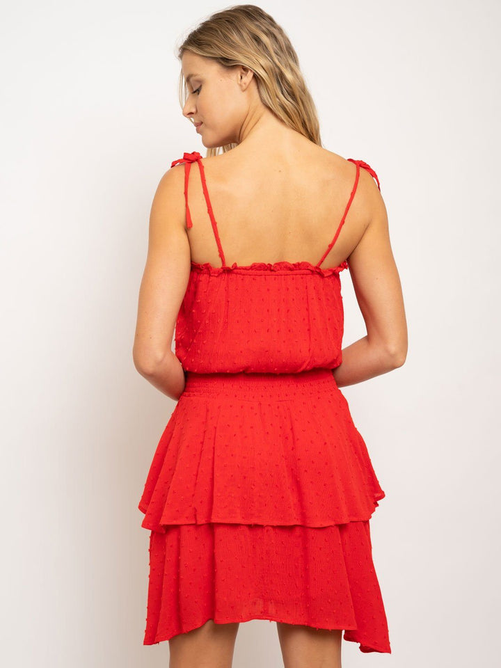 WOMEN'S TIE SHOULDER STRAP RUFFLE TIERED DRESS