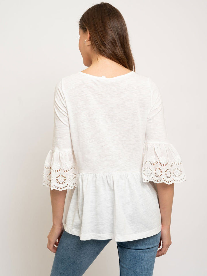 WOMEN'S SLUB BABYDOLL EYELET LACE BELL SLEEVES TOP
