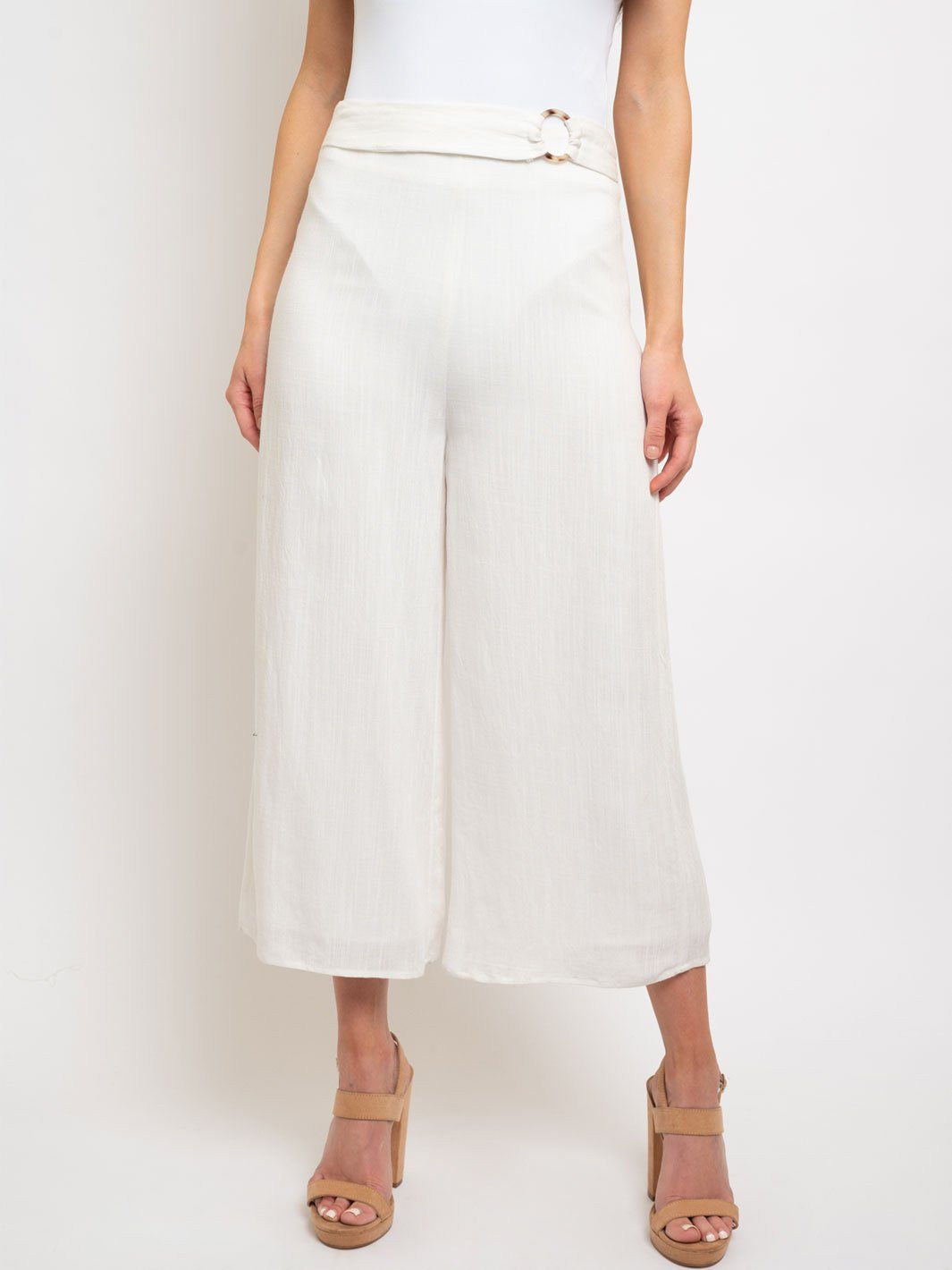 WOMEN'S SOLID CULOTTES WITH WAIST RING TRIM PANTS