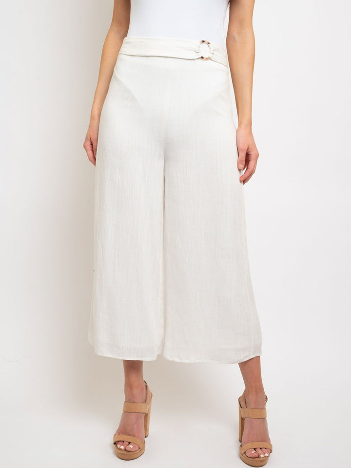 WOMEN'S SOLID CULOTTES WITH WAIST RING TRIM PANTS