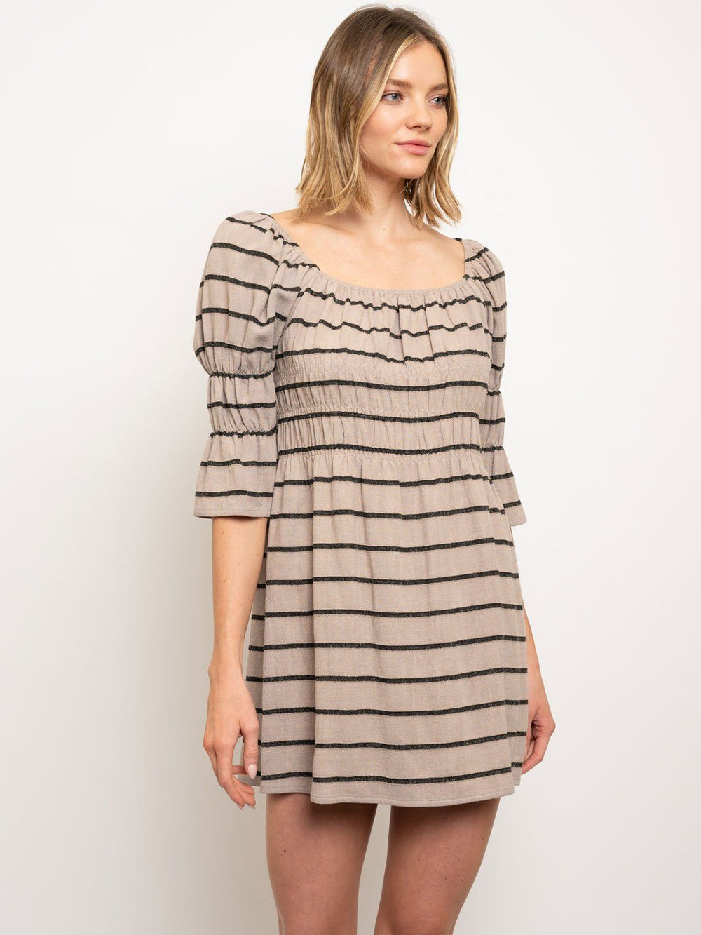 WOMEN'S STRIPES PUFF 3/4 SLEEVES MINI DRESS