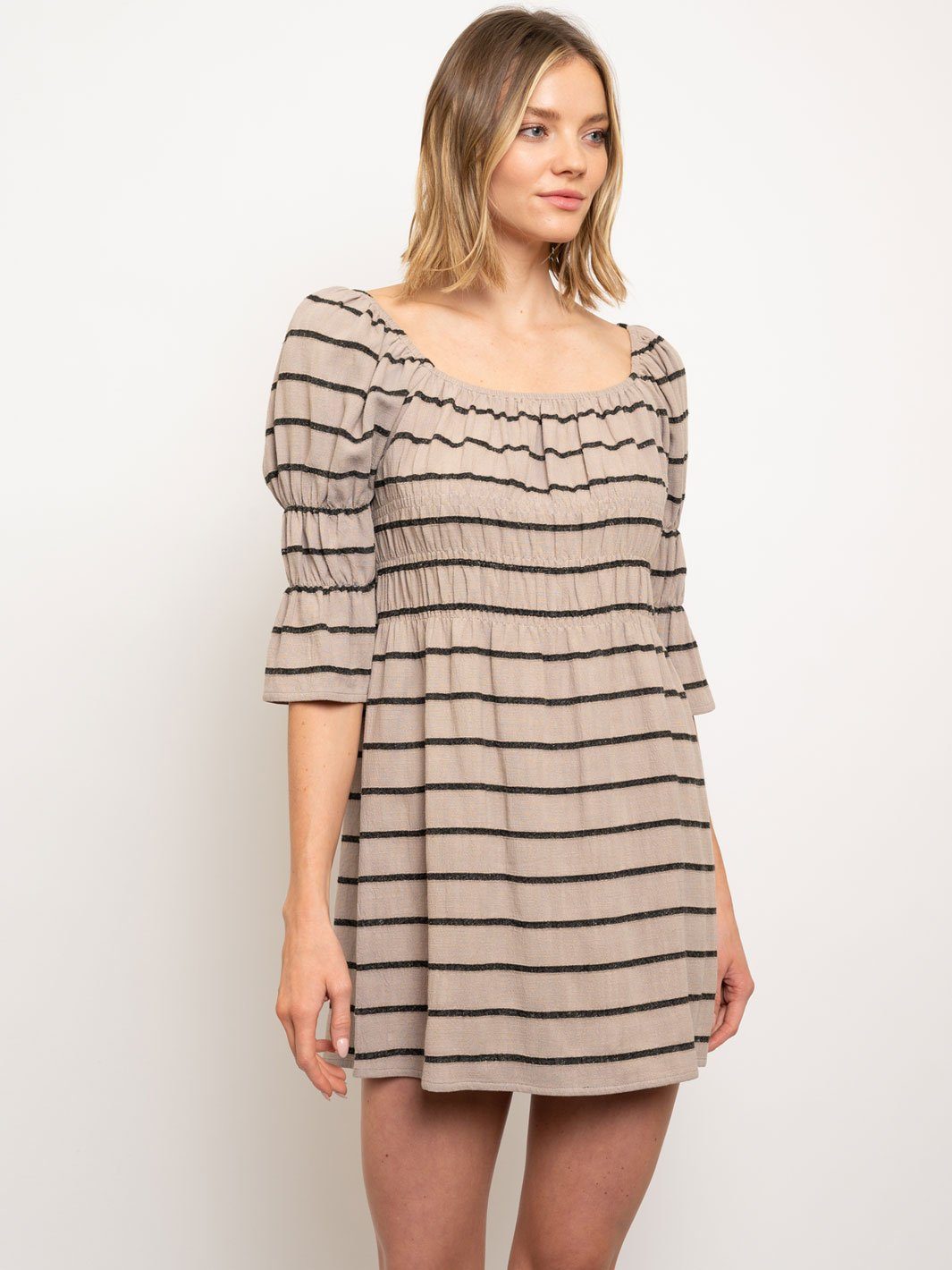 WOMEN'S STRIPES PUFF 3/4 SLEEVES MINI DRESS