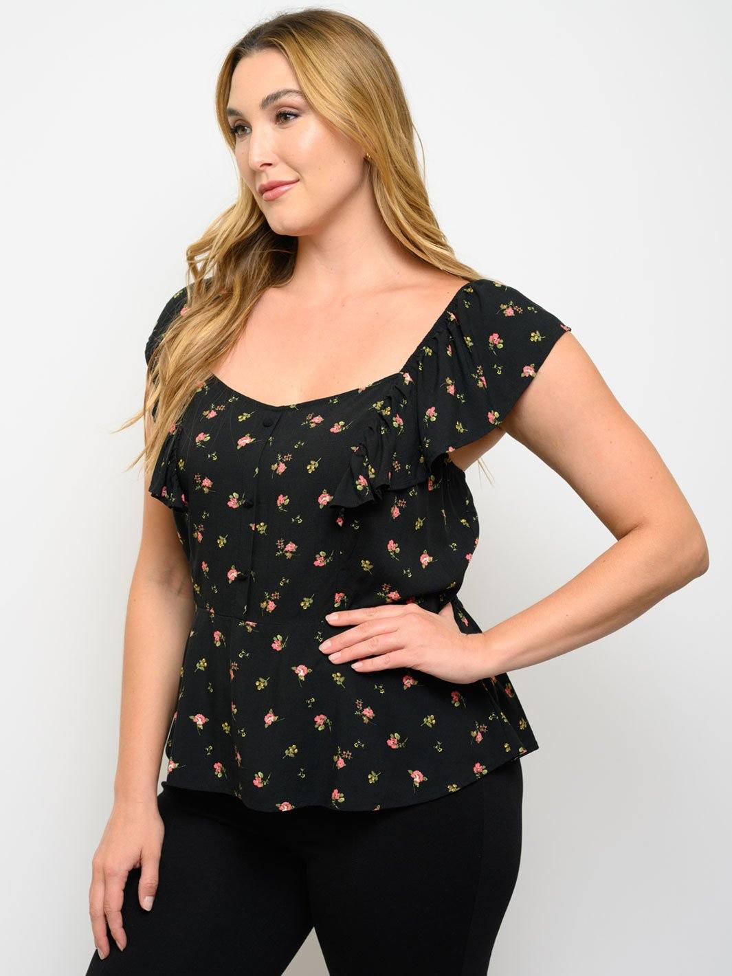 PLUS SIZE PEPLUM FLORAL SHORT SLEEVE TOP