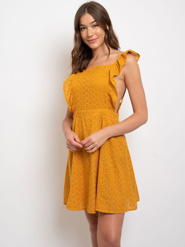WOMEN'S MINI OPEN BACK RUFFLE DETAILED DRESS