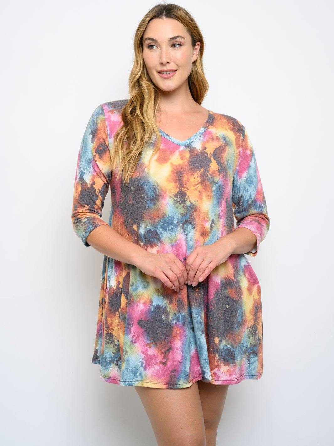 PLUS SIZE 3/4 SLEEVE TIE DYE MINI DRESS