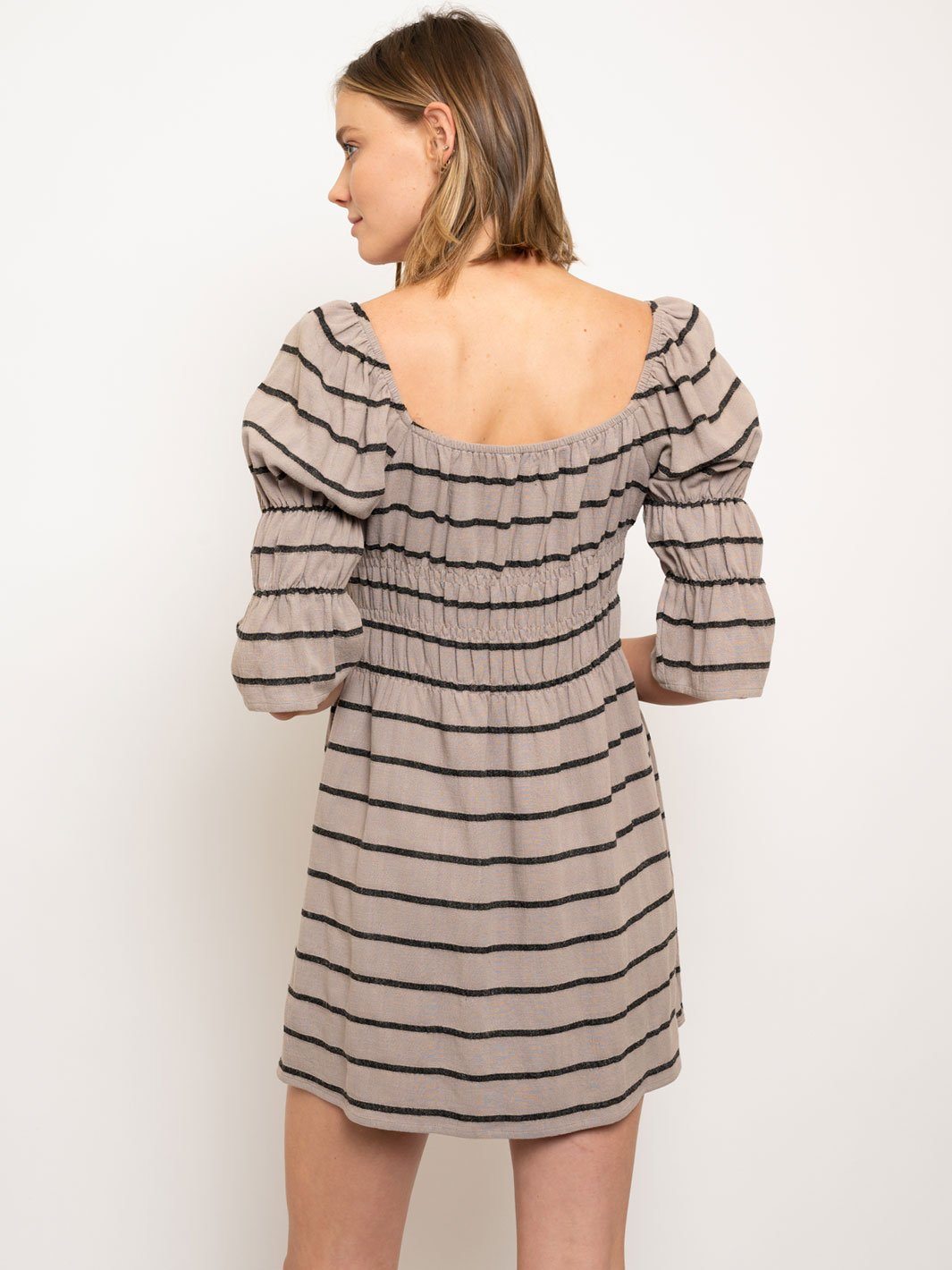 WOMEN'S STRIPES PUFF 3/4 SLEEVES MINI DRESS