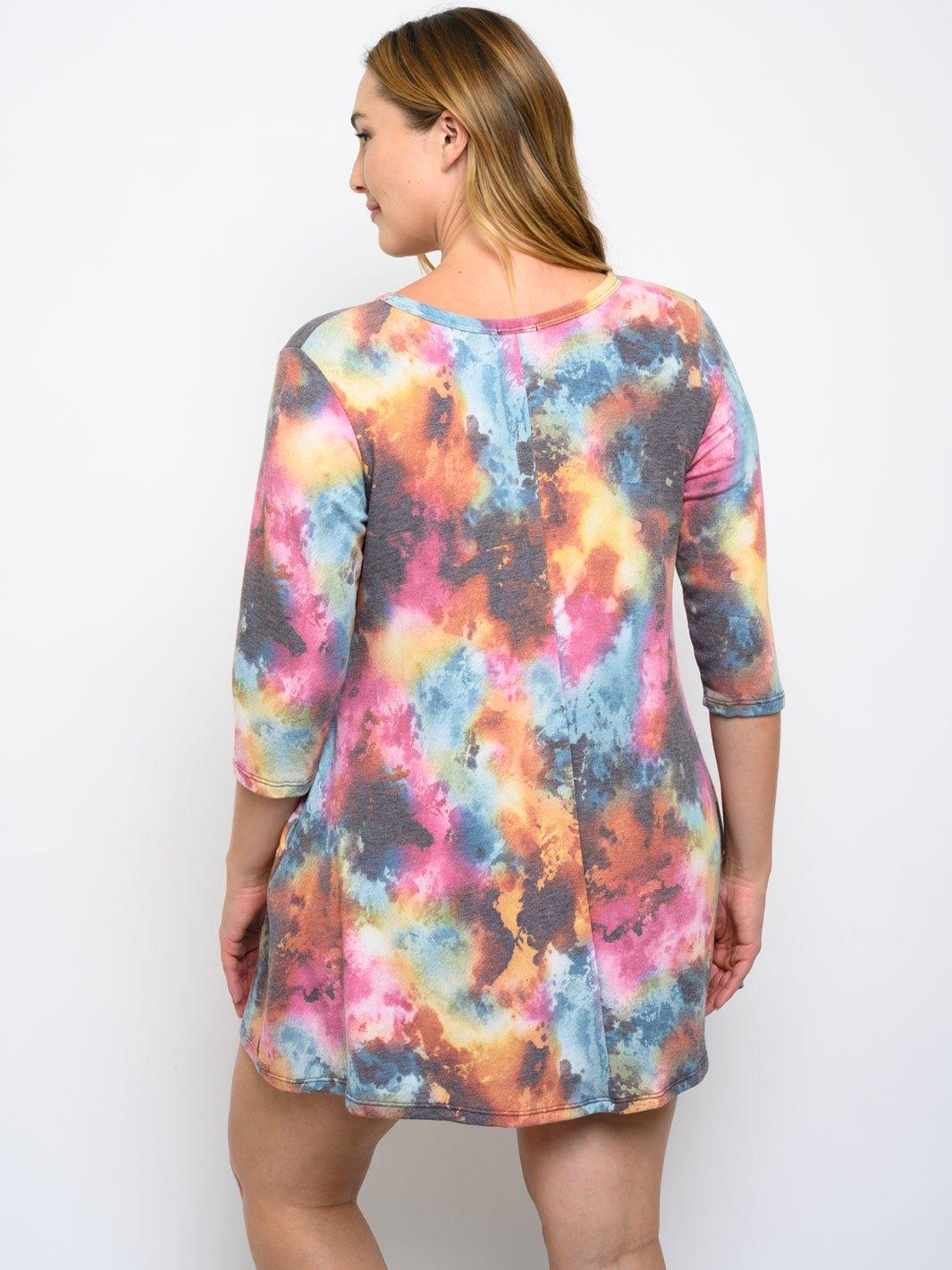 PLUS SIZE 3/4 SLEEVE TIE DYE MINI DRESS