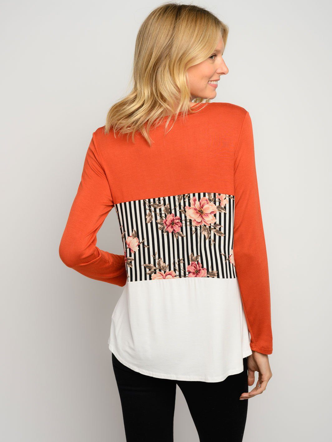 WOMEN'S FLORAL PRINT LONG SLEEVE COLOR BLOCK TOP