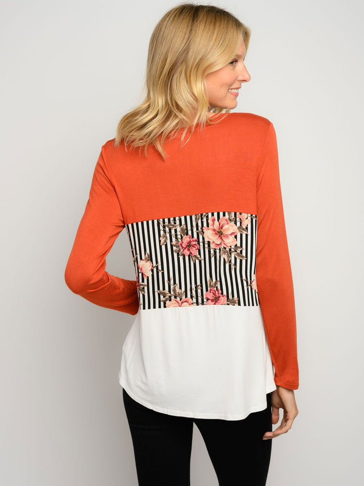 WOMEN'S FLORAL PRINT LONG SLEEVE COLOR BLOCK TOP