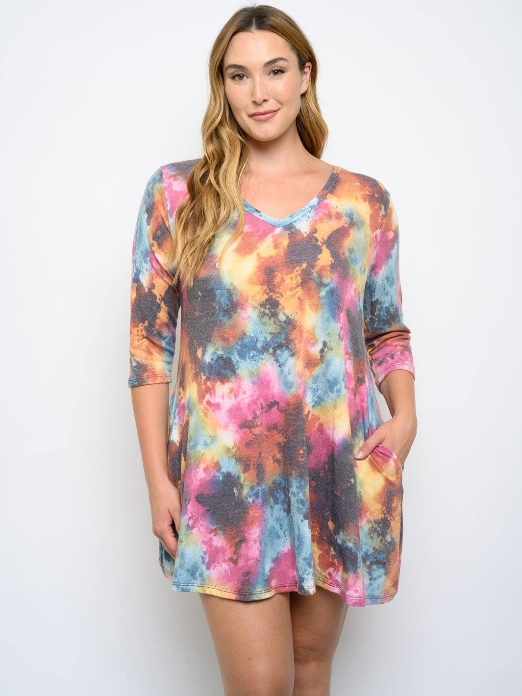 PLUS SIZE 3/4 SLEEVE TIE DYE MINI DRESS