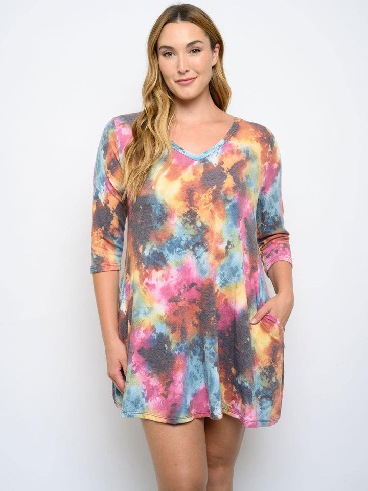 PLUS SIZE 3/4 SLEEVE TIE DYE MINI DRESS