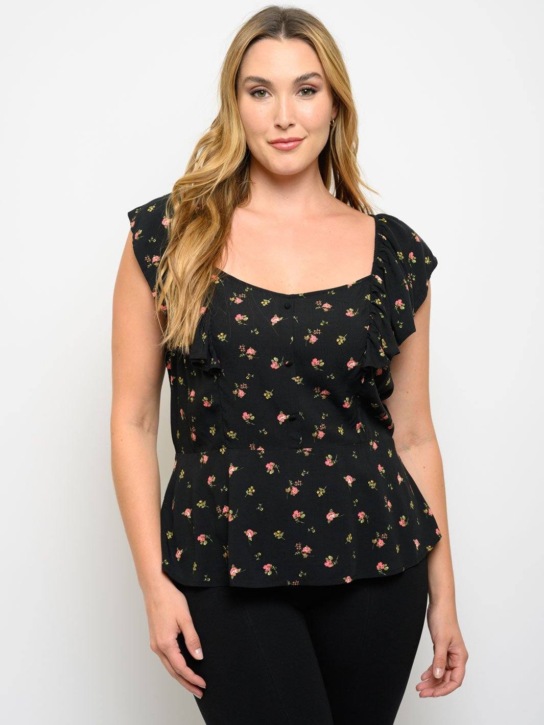 PLUS SIZE PEPLUM FLORAL SHORT SLEEVE TOP
