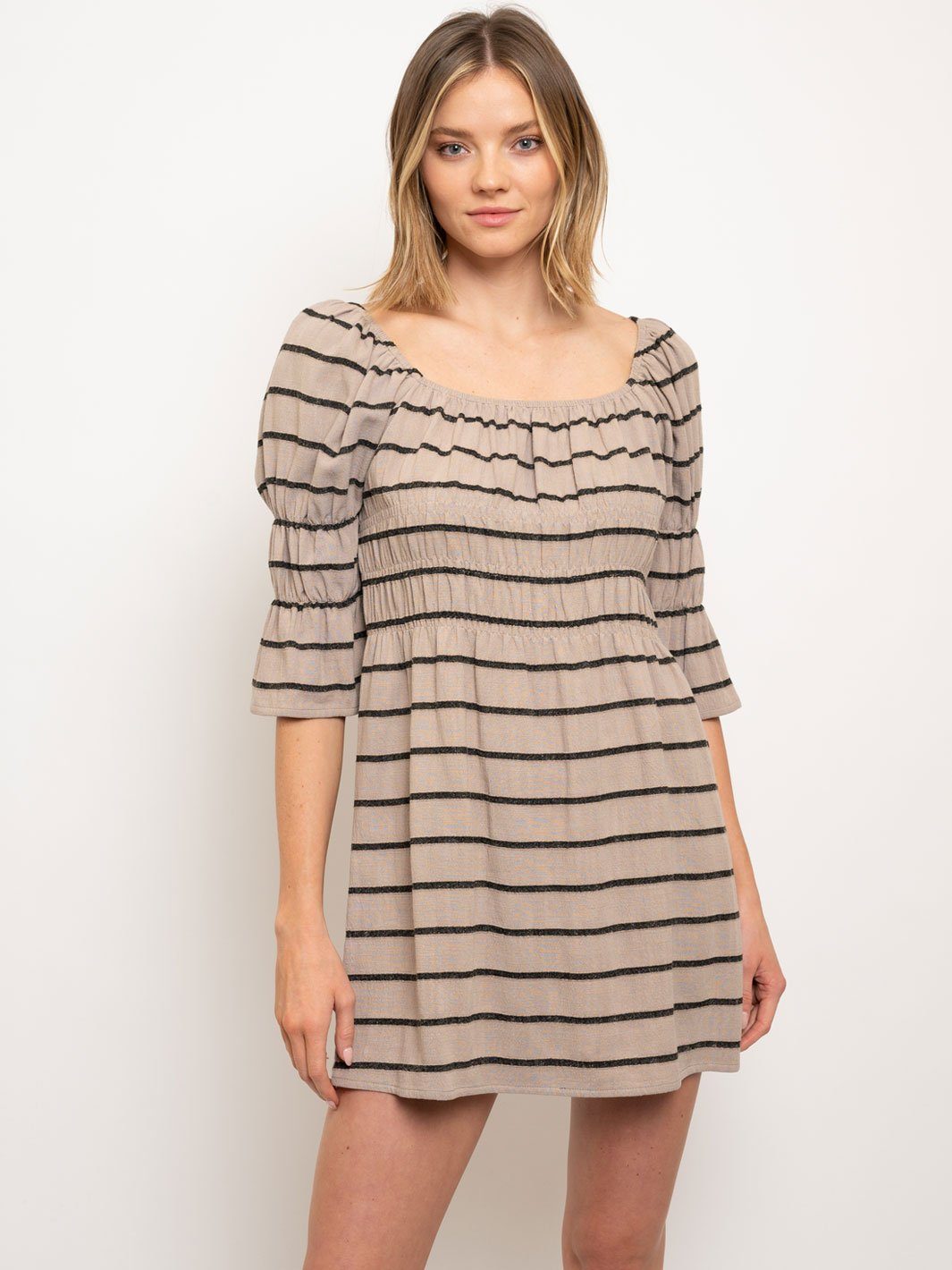 WOMEN'S STRIPES PUFF 3/4 SLEEVES MINI DRESS
