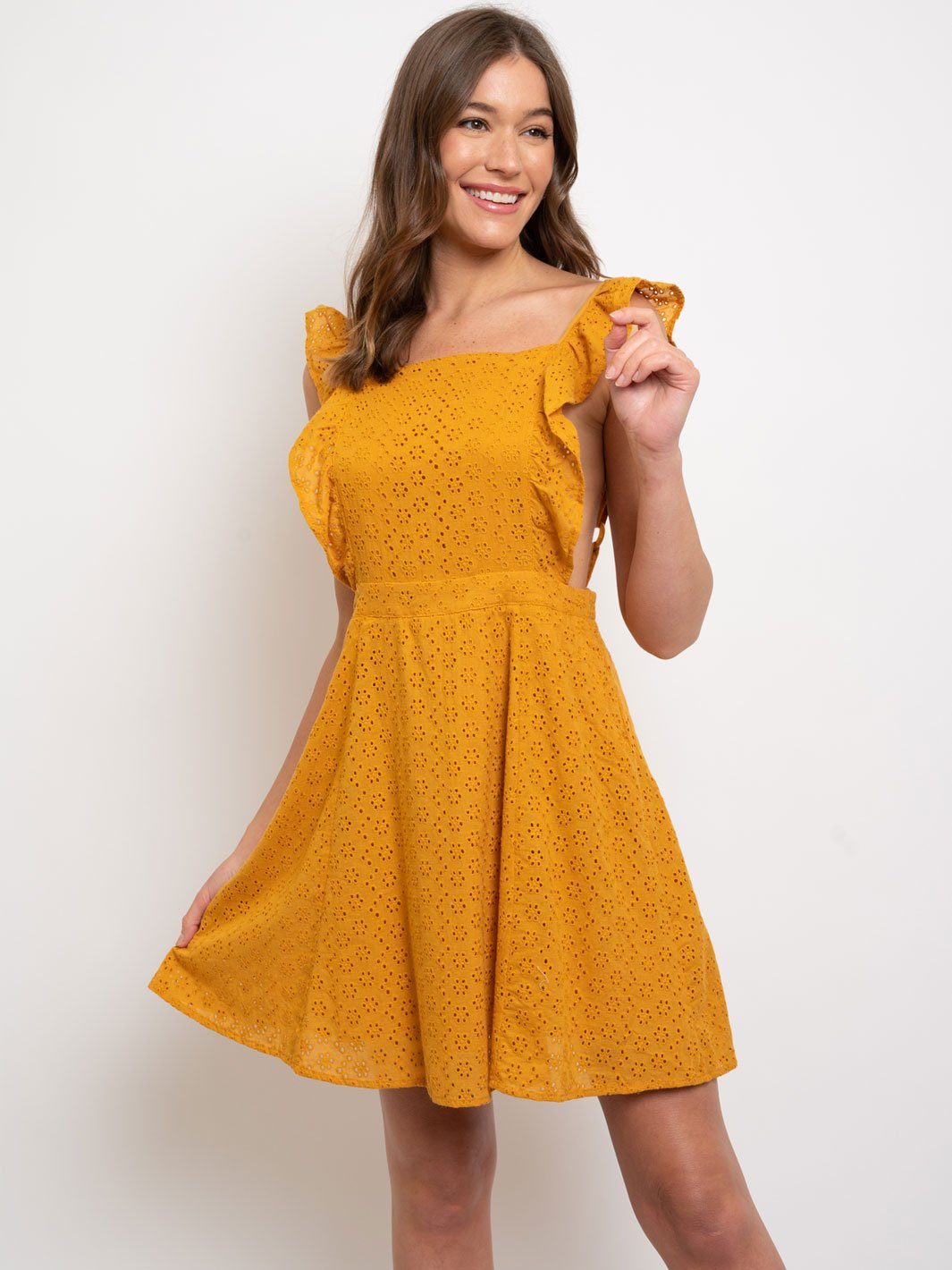 WOMEN'S MINI OPEN BACK RUFFLE DETAILED DRESS