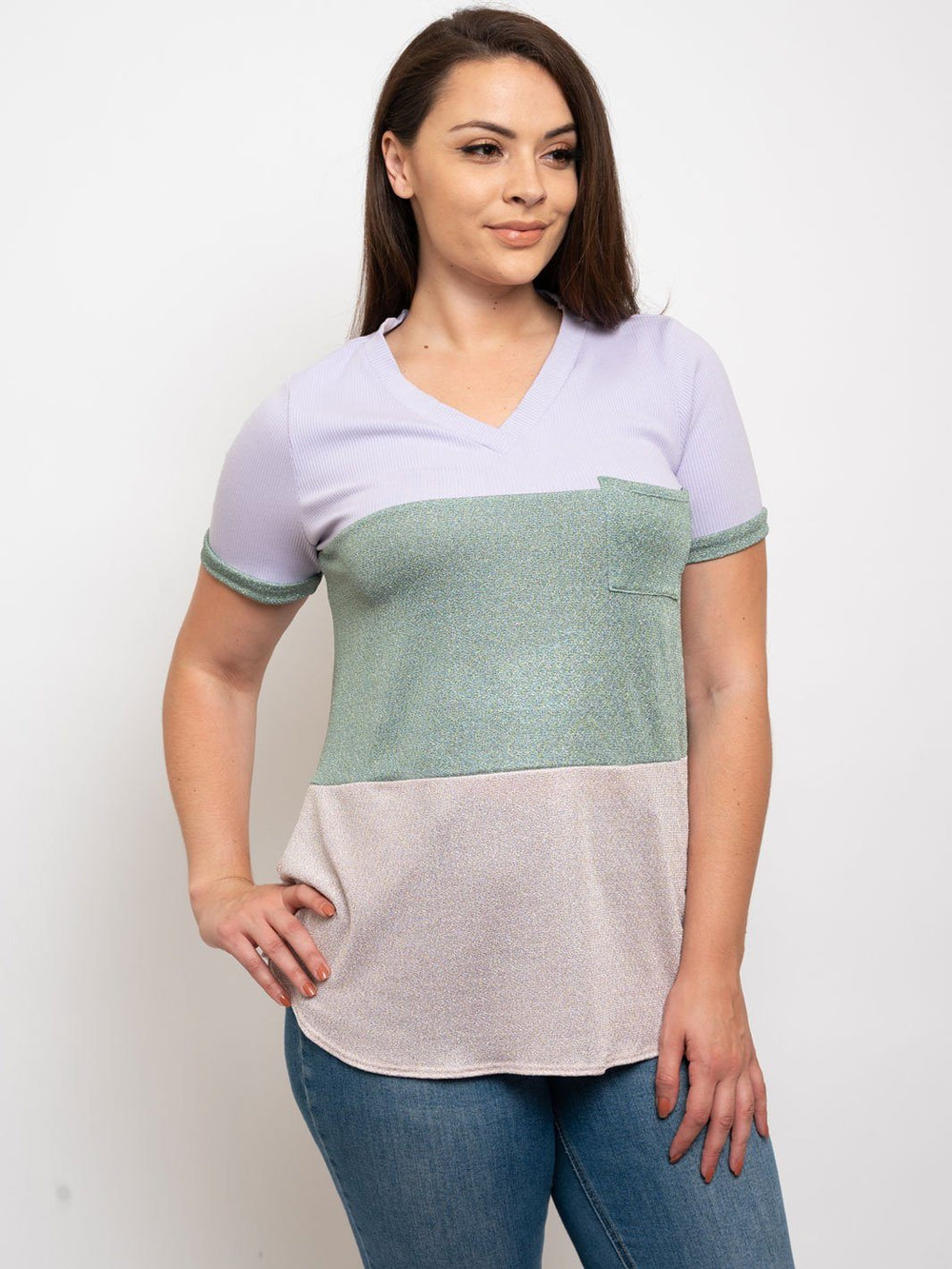 PLUS SIZE COLOR BLOCK FRONT POCKET TOP