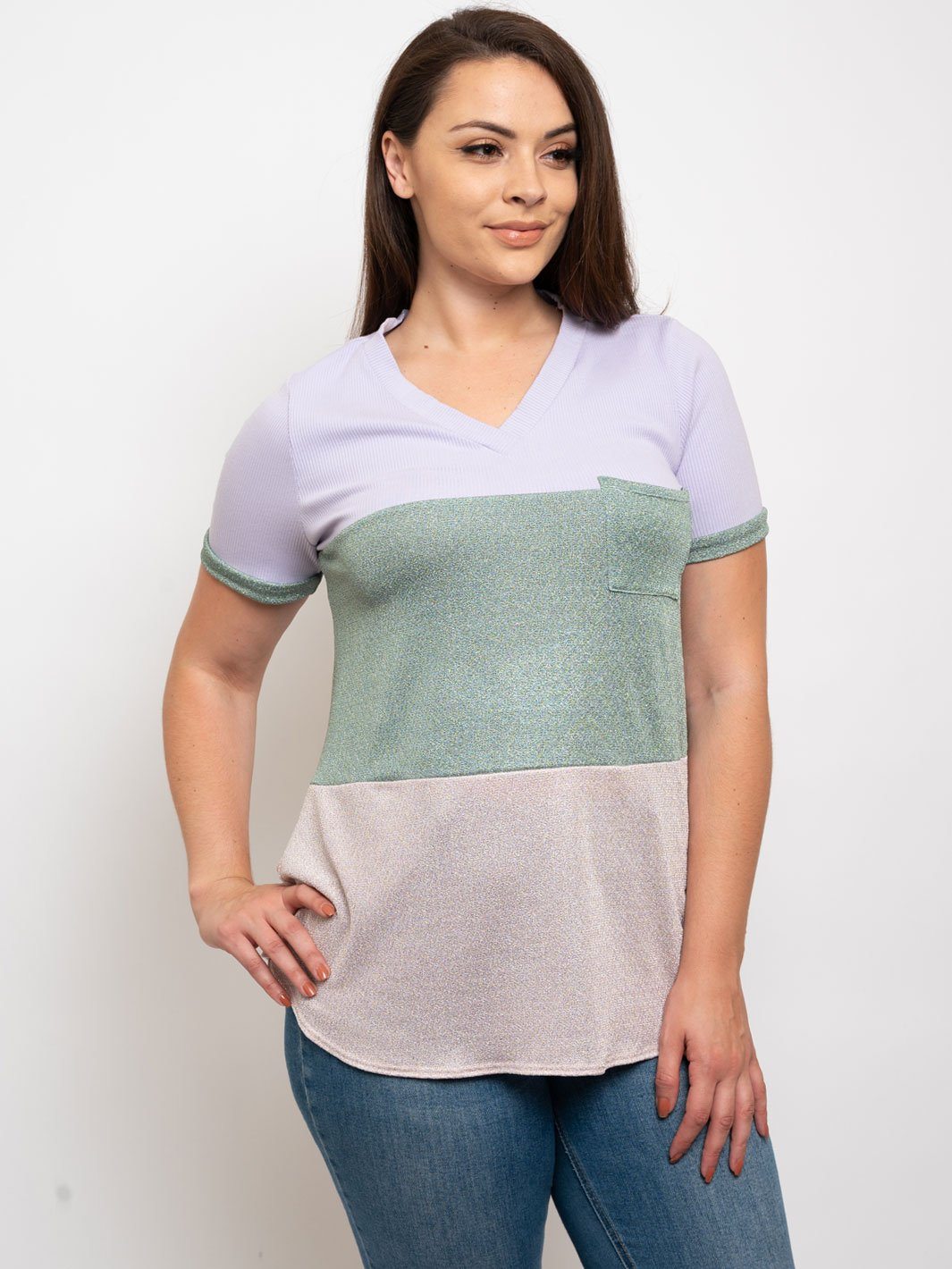 PLUS SIZE COLOR BLOCK FRONT POCKET TOP