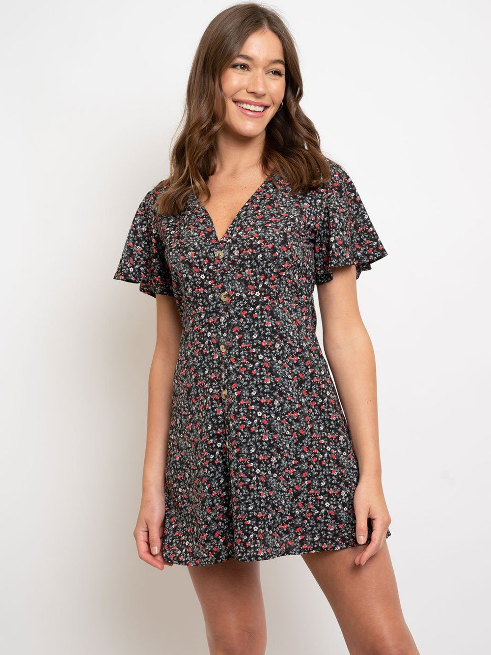WOMEN'S FLORAL BUTTON UP SHORT SLEEVE MINI DRESS