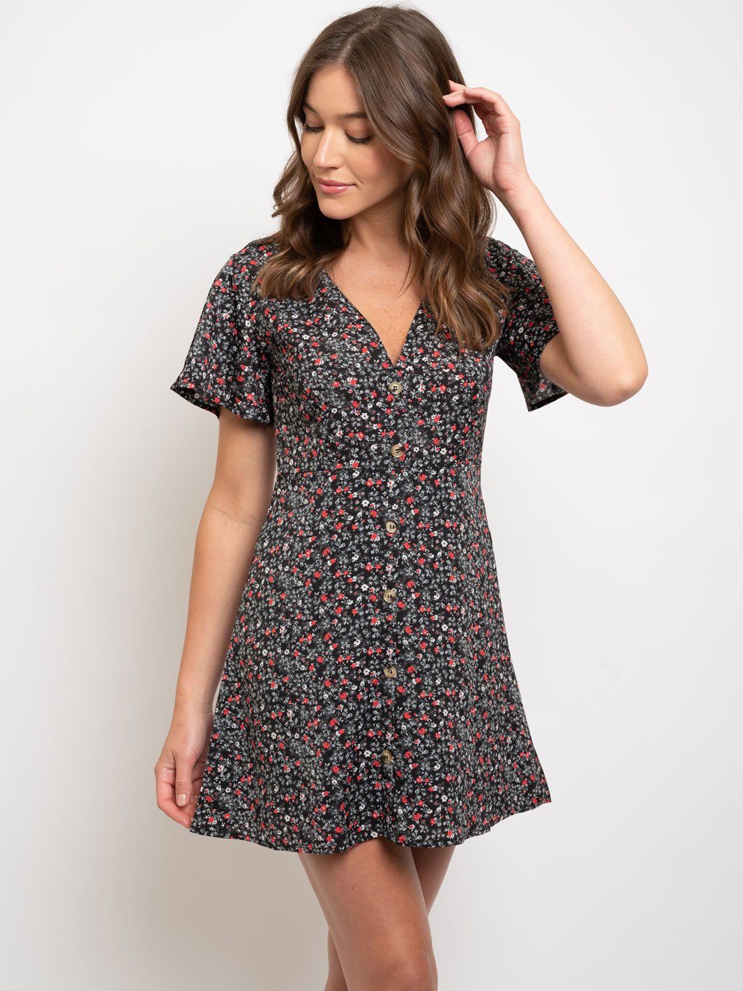 WOMEN'S FLORAL BUTTON UP SHORT SLEEVE MINI DRESS