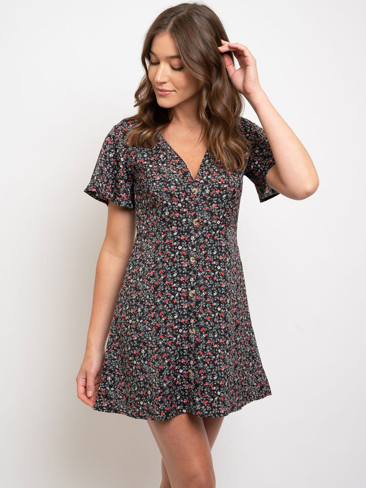 WOMEN'S FLORAL BUTTON UP SHORT SLEEVE MINI DRESS