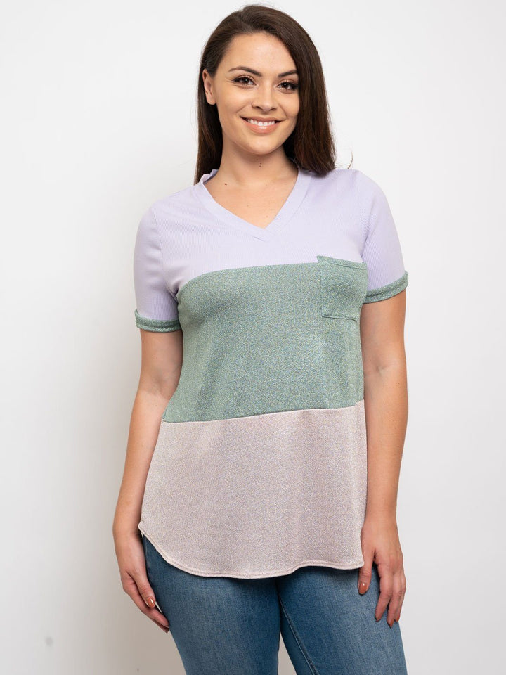 PLUS SIZE COLOR BLOCK FRONT POCKET TOP