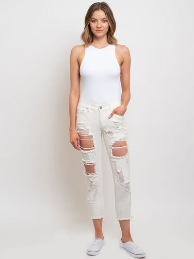 WOMEN'S DISTRESSED WHITE MOM JEANS
