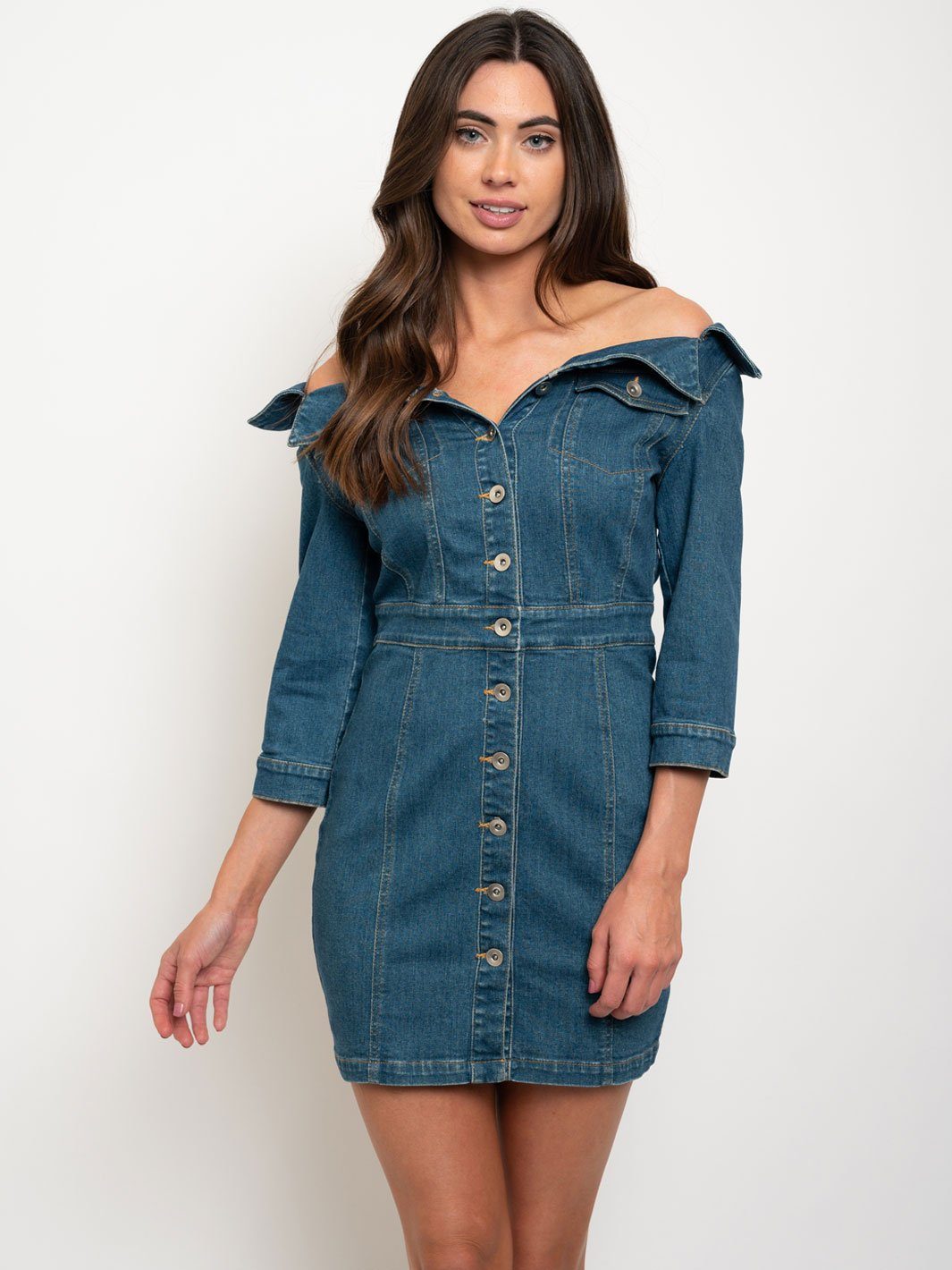 WOMEN'S OFF SHOULDER BUTTON UP MINI DRESS