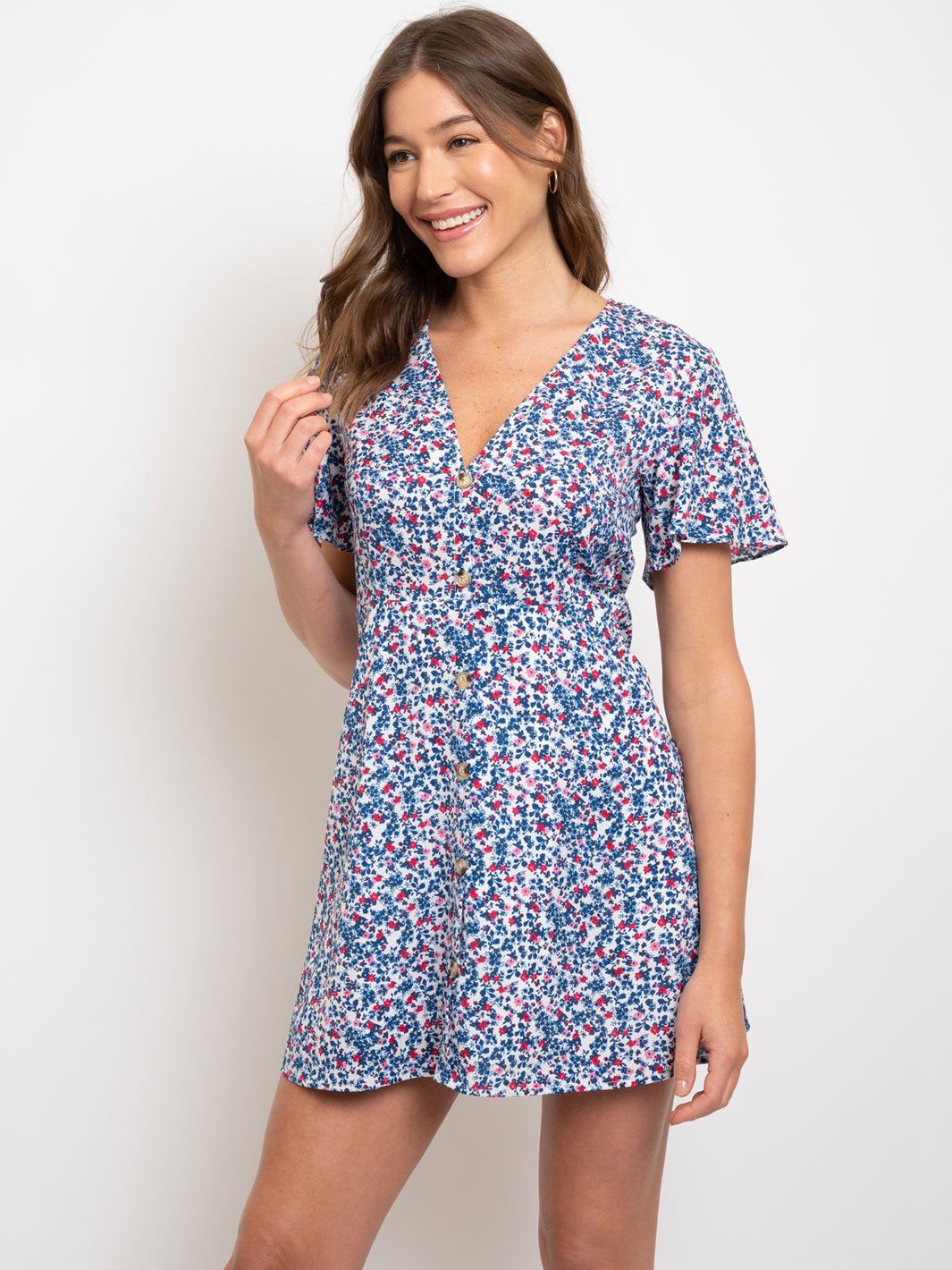 WOMEN'S FLORAL BUTTON UP SHORT SLEEVE MINI DRESS