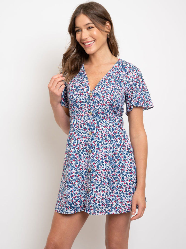 WOMEN'S FLORAL BUTTON UP SHORT SLEEVE MINI DRESS