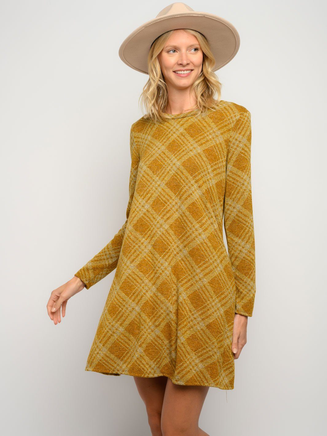 WOMEN'S CHECKERED KNIT POCKETS MINI DRESS