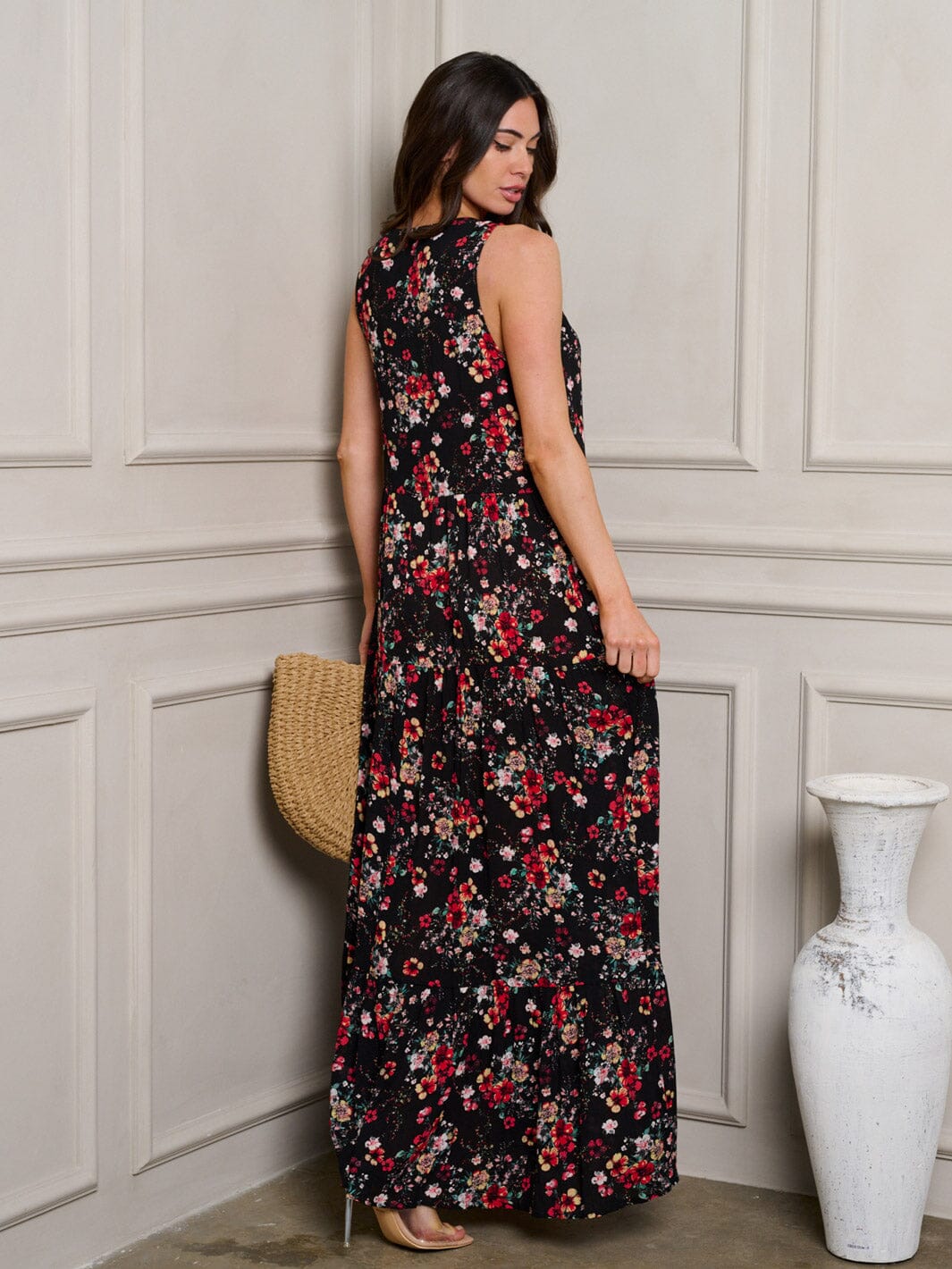 WOMEN'S SLEEVELESS TIERED FLORAL MAXI DRESS
