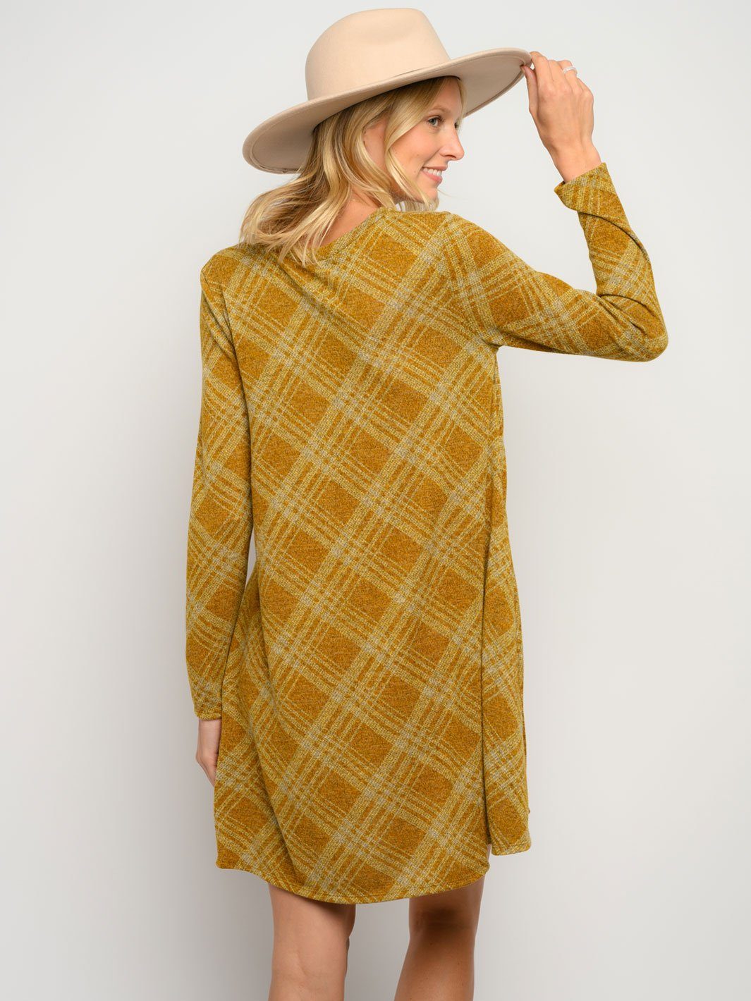 WOMEN'S CHECKERED KNIT POCKETS MINI DRESS