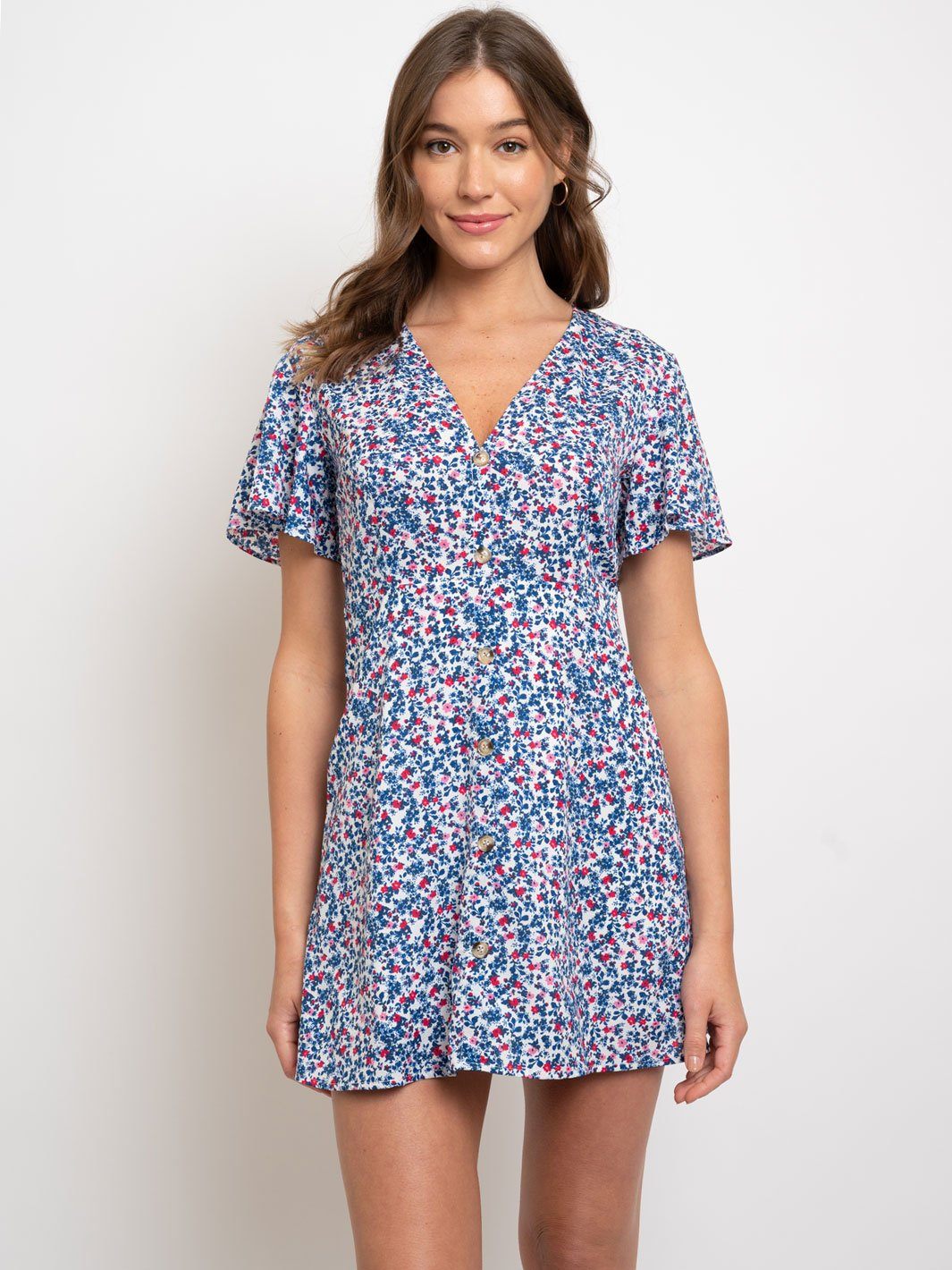 WOMEN'S FLORAL BUTTON UP SHORT SLEEVE MINI DRESS