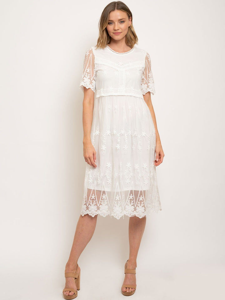 WOMEN'S LACE FLORAL DETAIL MIDI DRESS