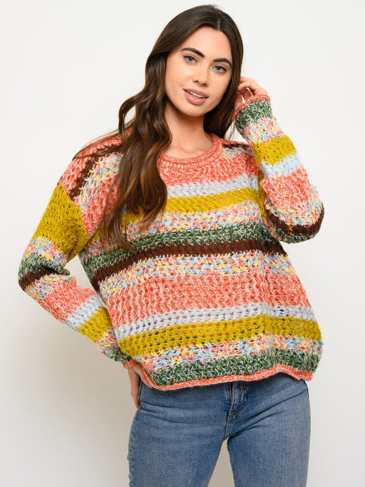 WOMEN'S LONG SLEEVE STRIPPED COLORBLOCK SWEATER