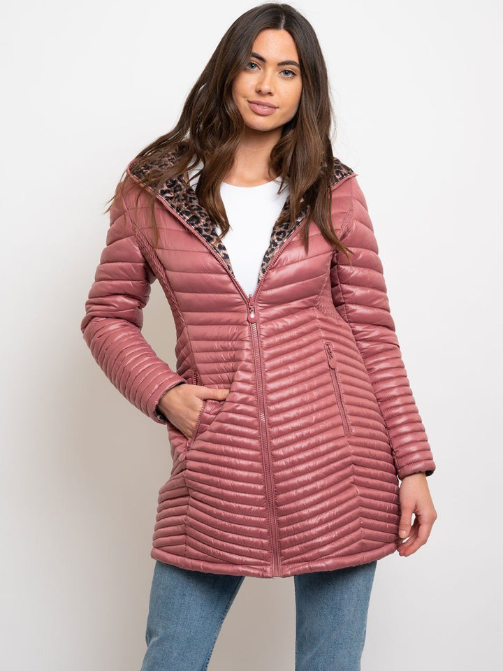 WOMEN'S MID LENGTH HOODED QUILTED REVERSIBLE COAT