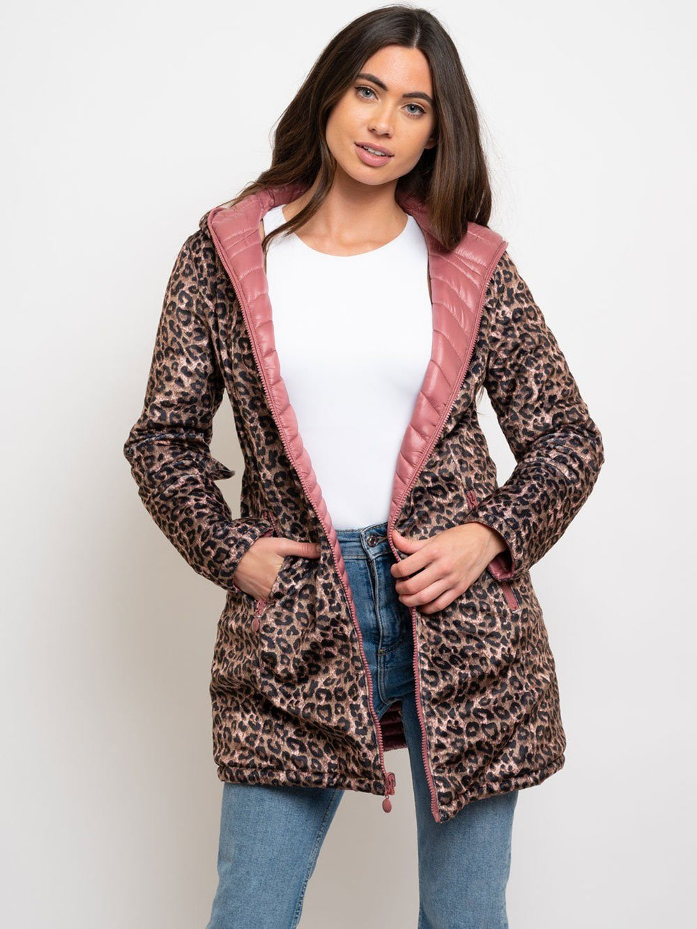 WOMEN'S MID LENGTH HOODED QUILTED REVERSIBLE COAT