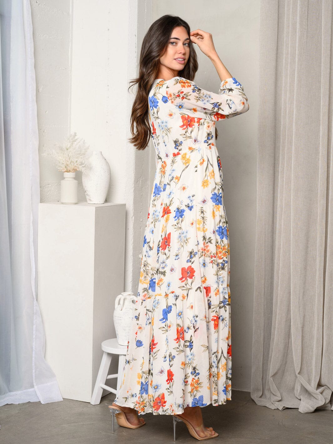 WOMEN'S LONG SLEEVE BUTTON UP FLORAL MAXI DRESS