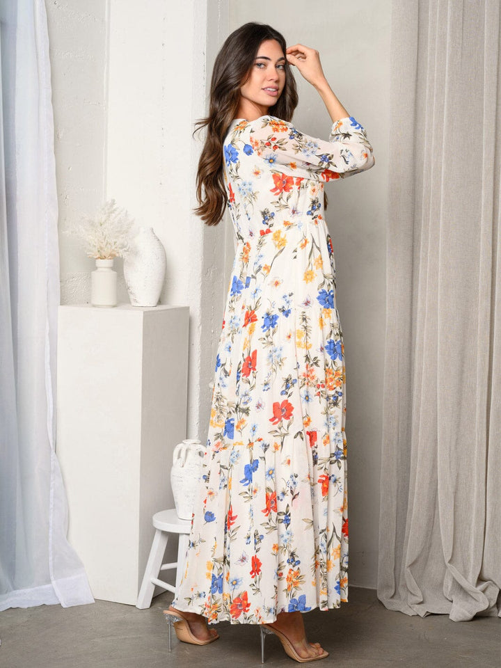 WOMEN'S LONG SLEEVE BUTTON UP FLORAL MAXI DRESS