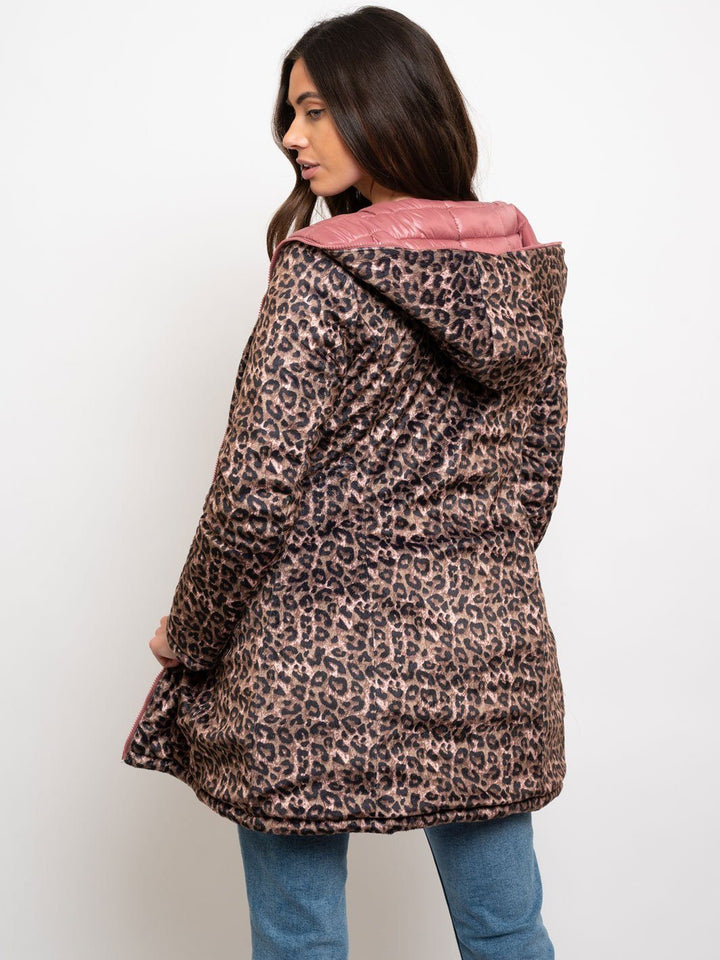 WOMEN'S MID LENGTH HOODED QUILTED REVERSIBLE COAT