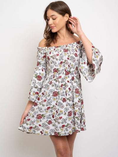 WOMEN'S FLORAL RUFFLE DETAIL OFF SHOULDER MINI DRESS