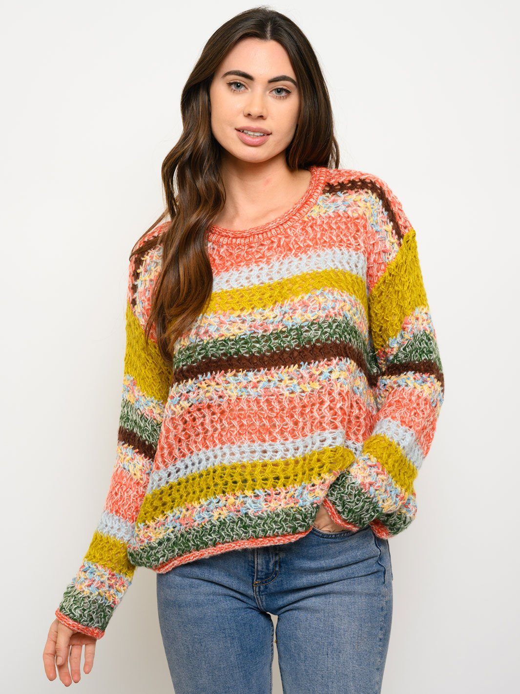 WOMEN'S LONG SLEEVE STRIPPED COLORBLOCK SWEATER