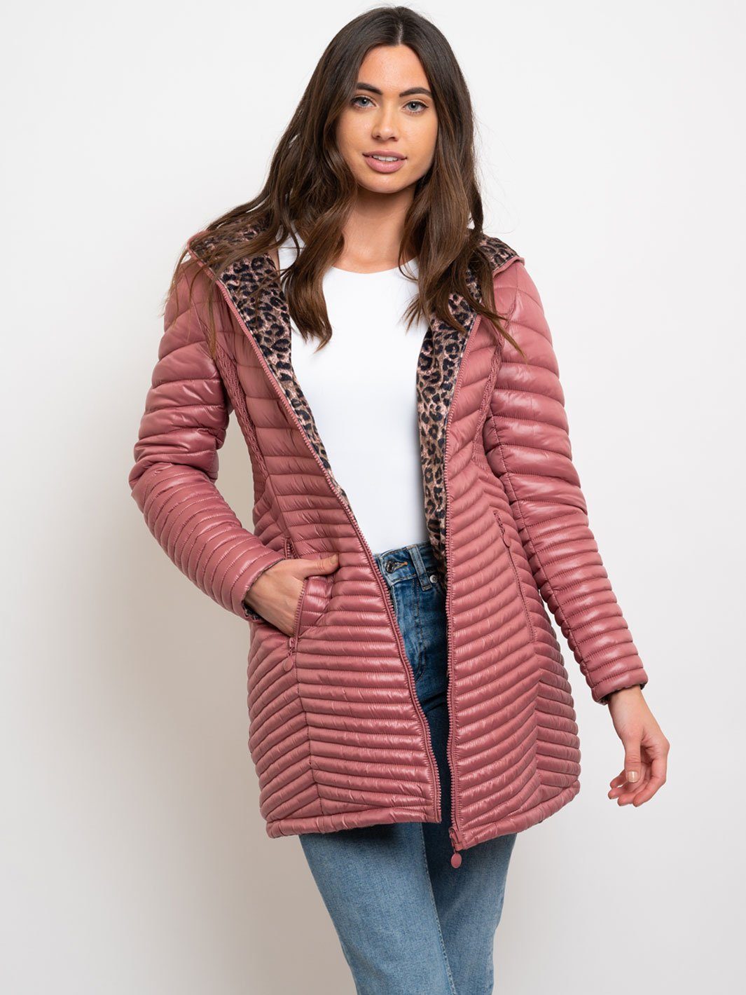WOMEN'S MID LENGTH HOODED QUILTED REVERSIBLE COAT