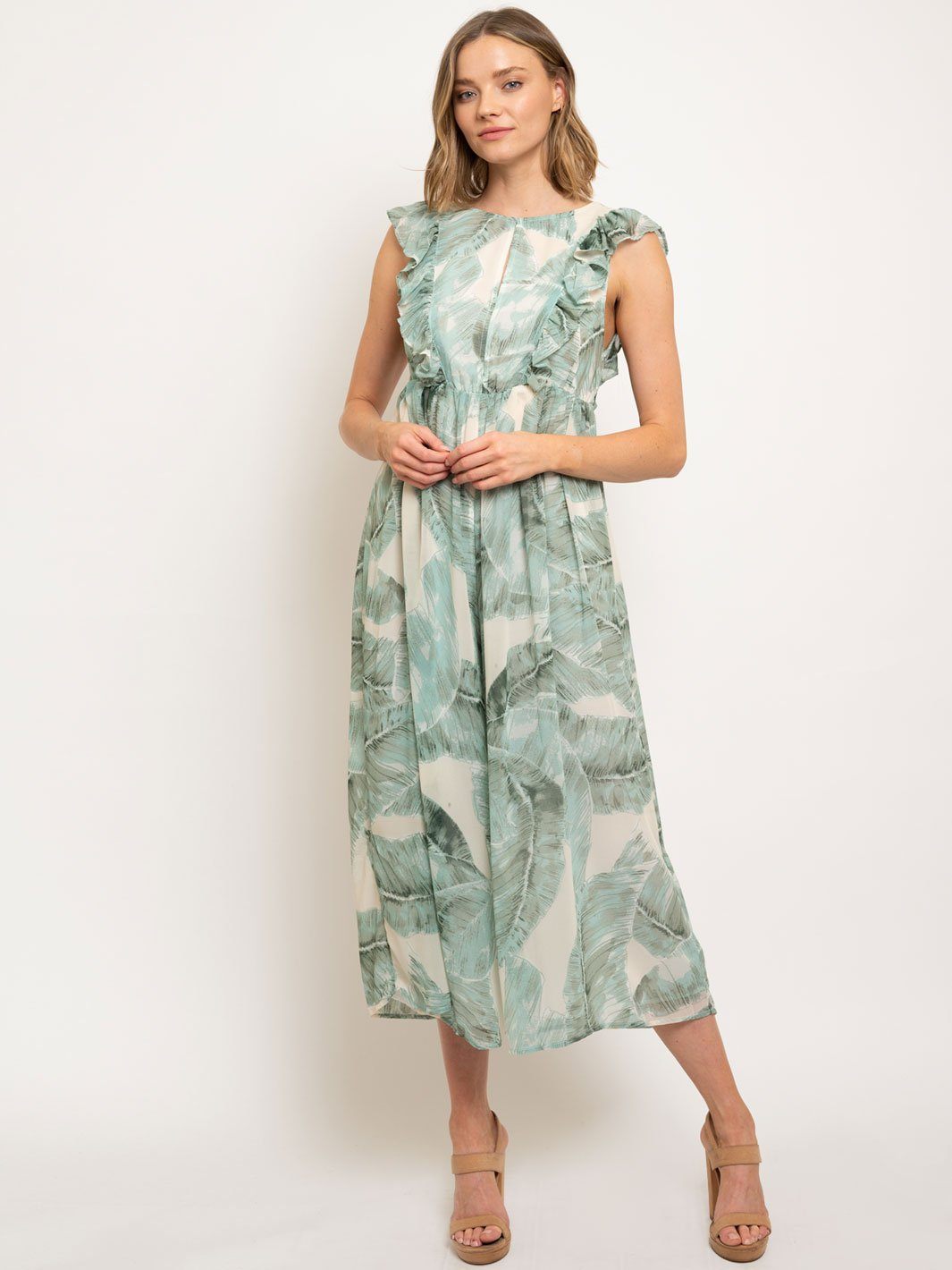 WOMEN'S OPEN BACK LEAF PRINT JUMPSUIT