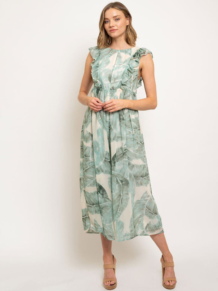 WOMEN'S OPEN BACK LEAF PRINT JUMPSUIT