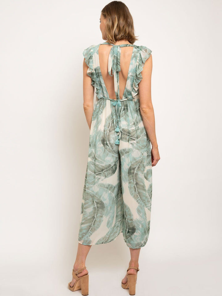 WOMEN'S OPEN BACK LEAF PRINT JUMPSUIT