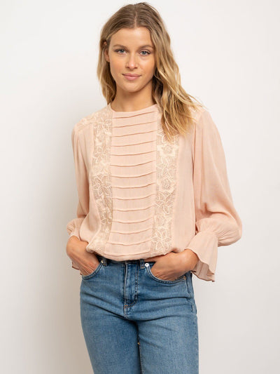 WOMEN'S EMBROIDERED FLORAL LACE PINTUCK TOP