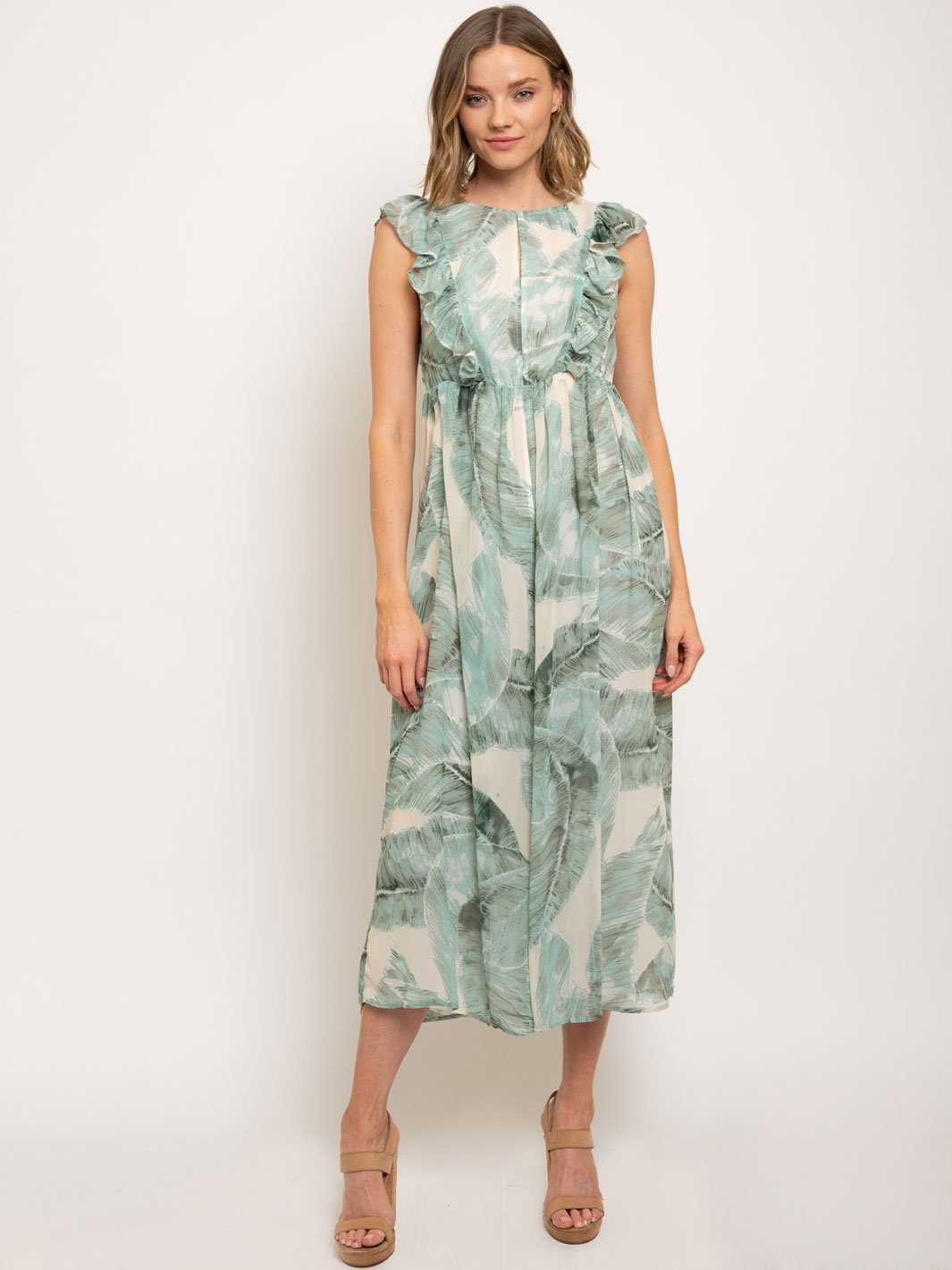WOMEN'S OPEN BACK LEAF PRINT JUMPSUIT