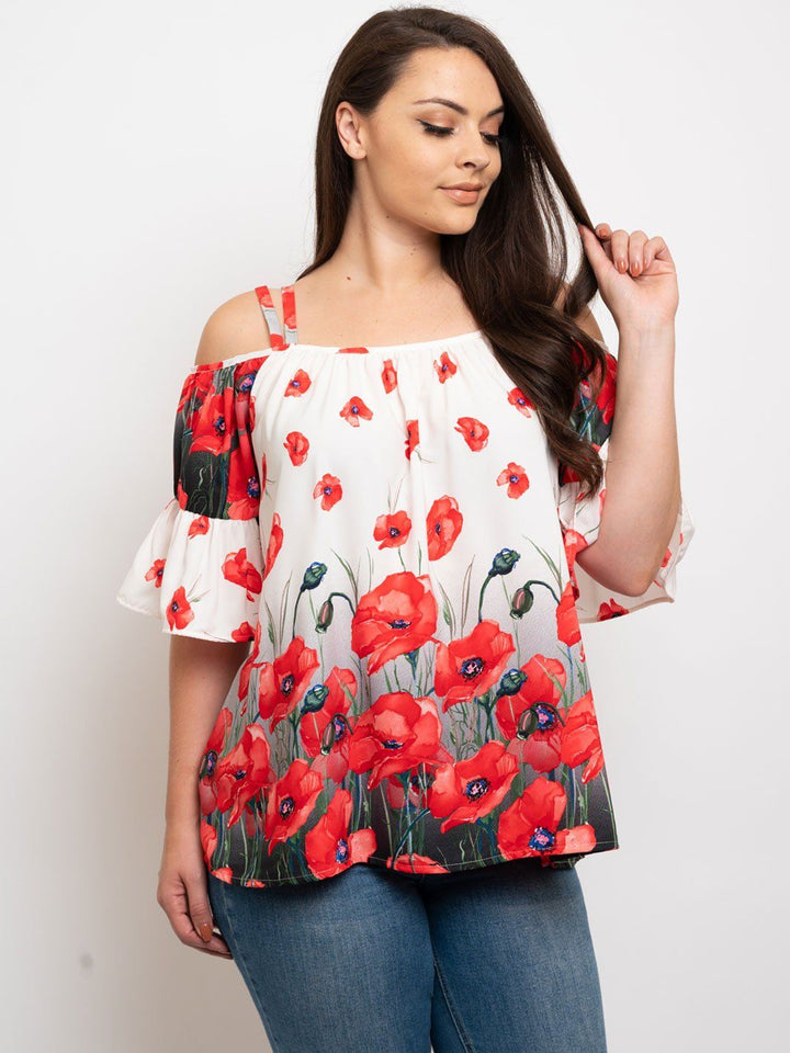PLUS SIZE FLORAL RUFFLE OFF SHOULDER TOP