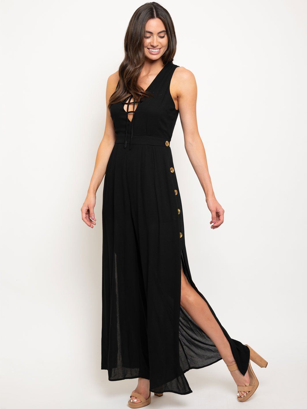 WOMEN'S OPEN LEG BUTTON DETAIL LACE UP V-NECK JUMPSUIT